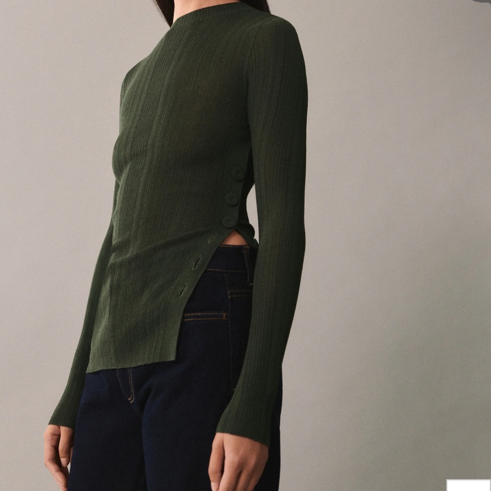 Mango Semi Transparent Long Sleeve Button-Accent Top - Olive Green
